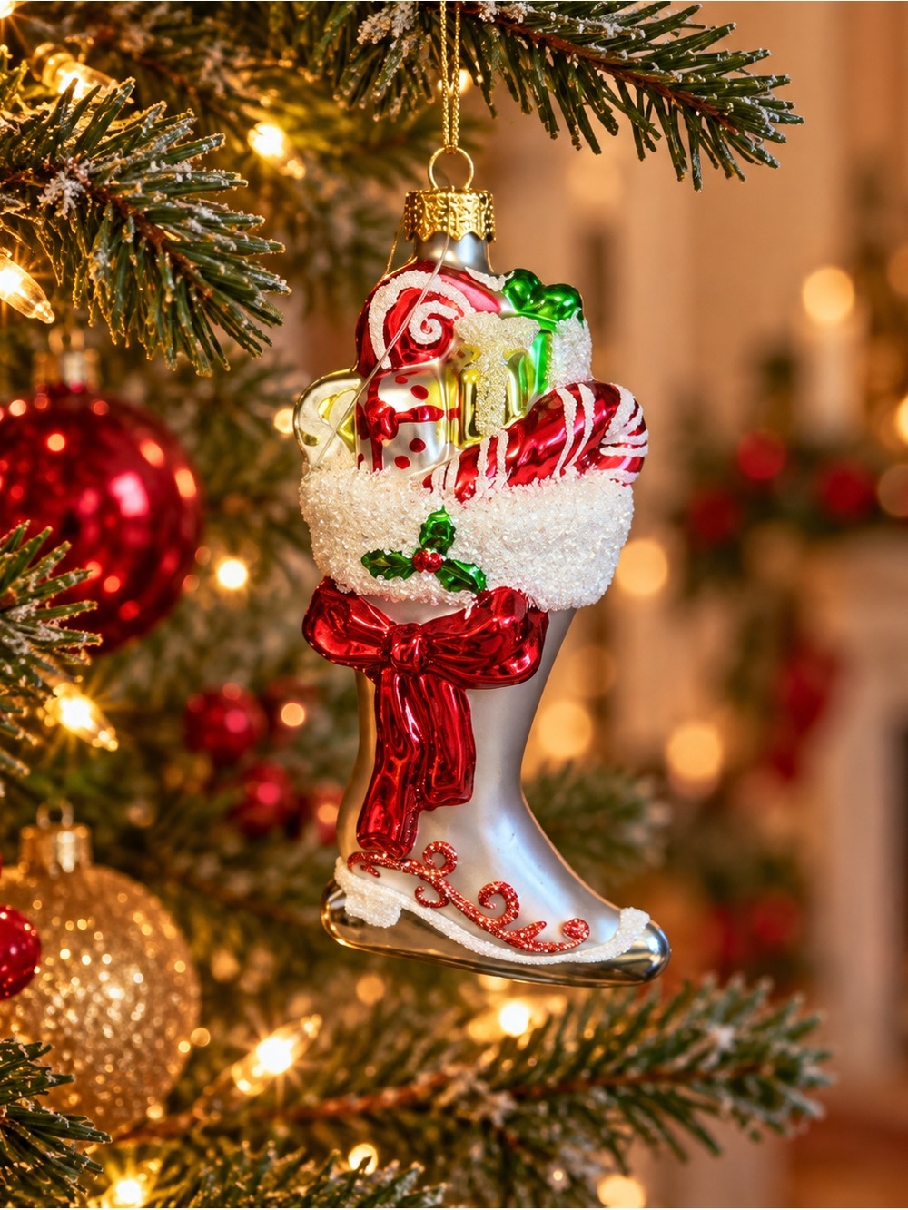 Glass Christmas Stocking Ornament with Peppermint Candy & Glitter READ